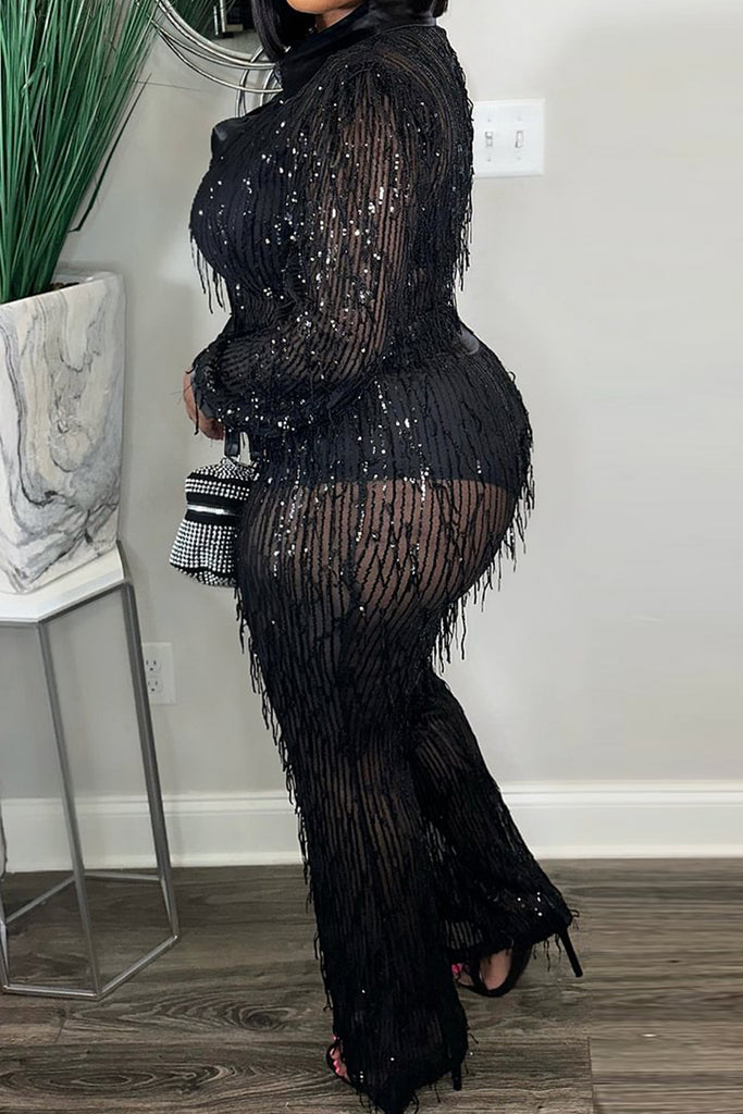 Sexy Party Elegant Tassel Sequins Turndown Collar Long Sleeve Two Pieces