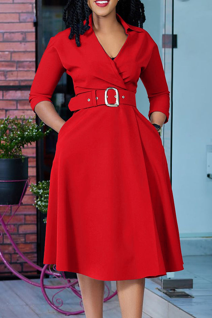 Elegant Solid Patchwork With Belt V Neck A Line Dresses（Belt Included）