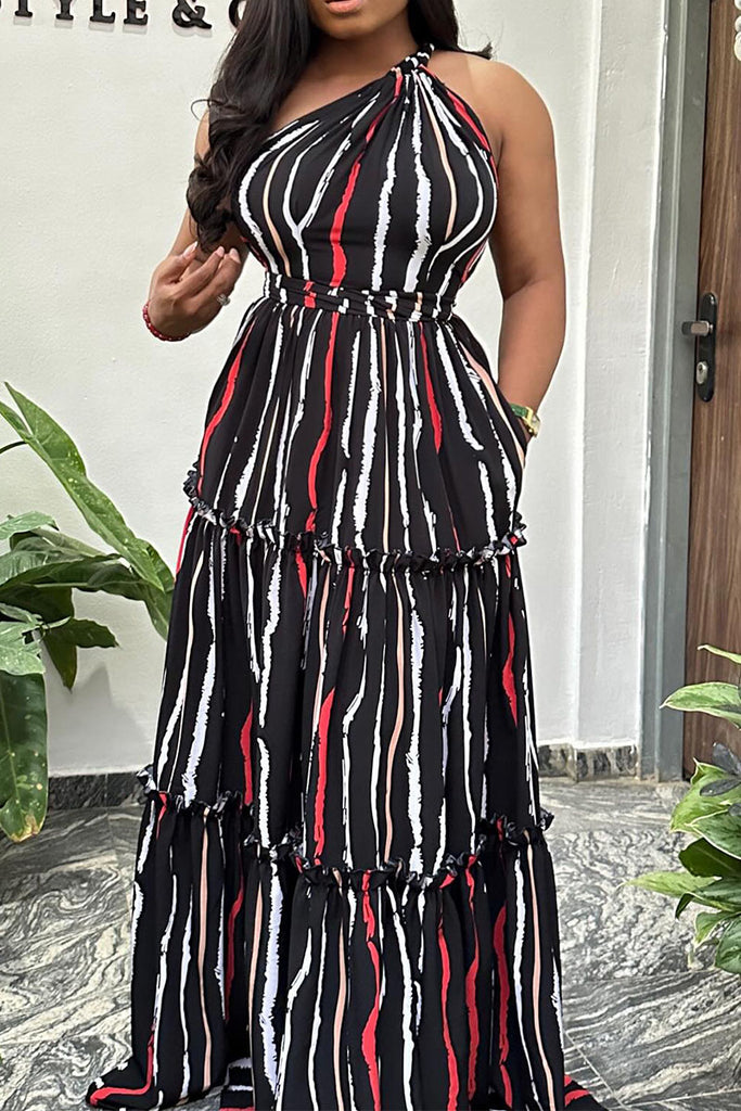 Casual Sweet Daily Elegant Striped Patchwork Printing One Shoulder Asymmetrical Dresses