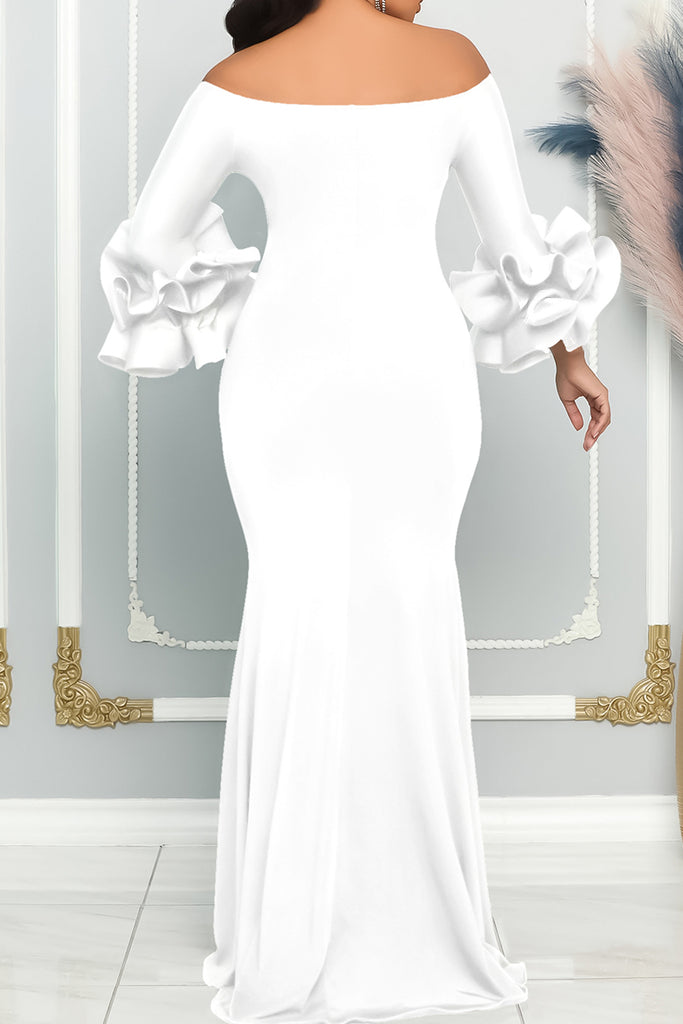 Elegant Solid Patchwork Slit Off the Shoulder Evening Dress Dresses