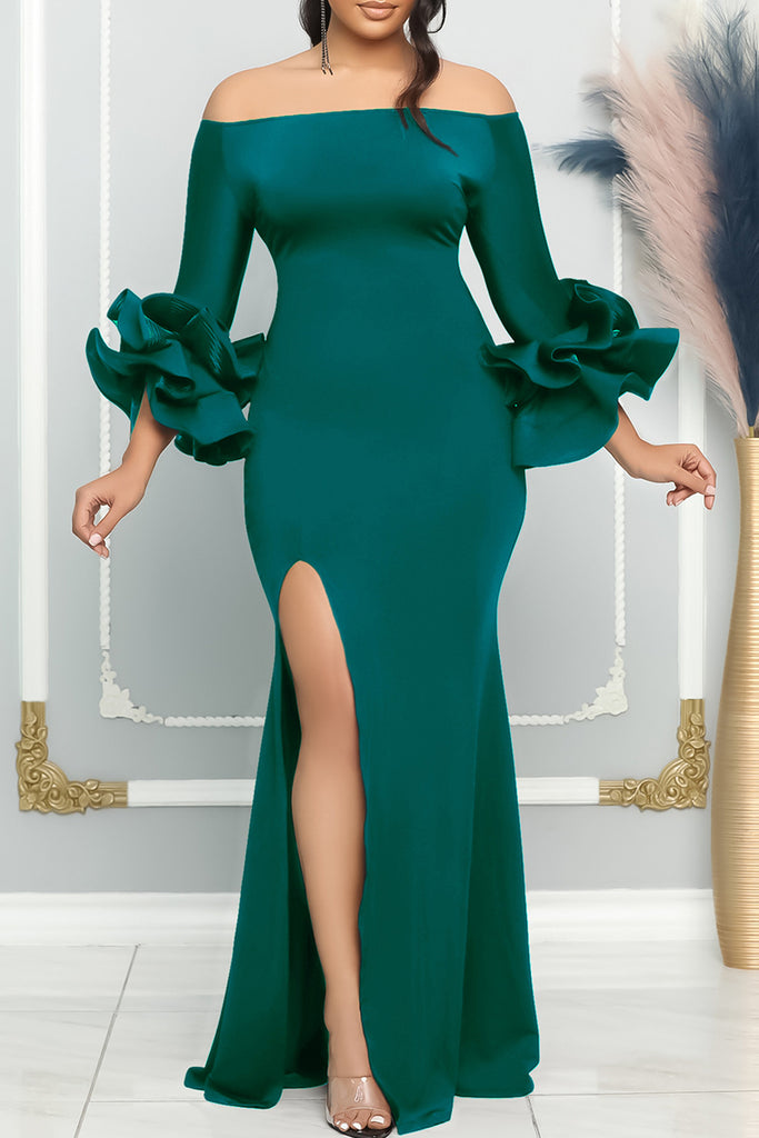 Elegant Solid Patchwork Slit Off the Shoulder Evening Dress Dresses
