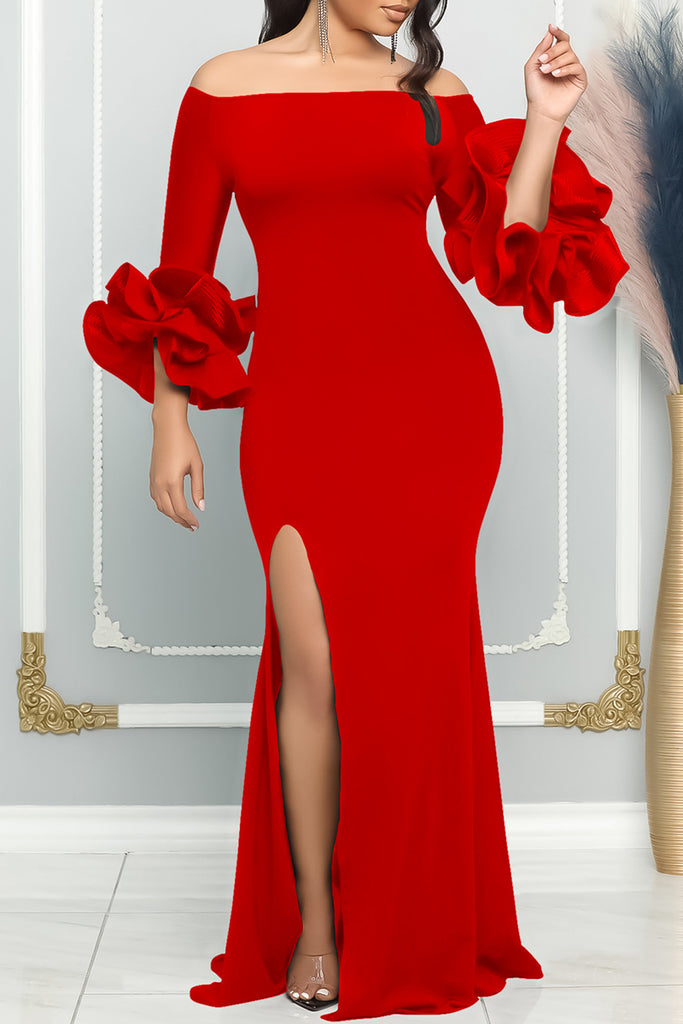 Elegant Solid Patchwork Slit Off the Shoulder Evening Dress Dresses