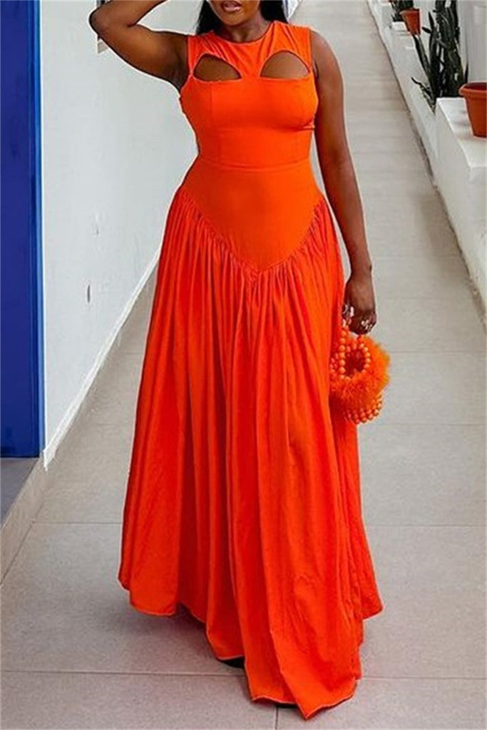 Casual Solid Hollowed Out O Neck Long Dress Dresses