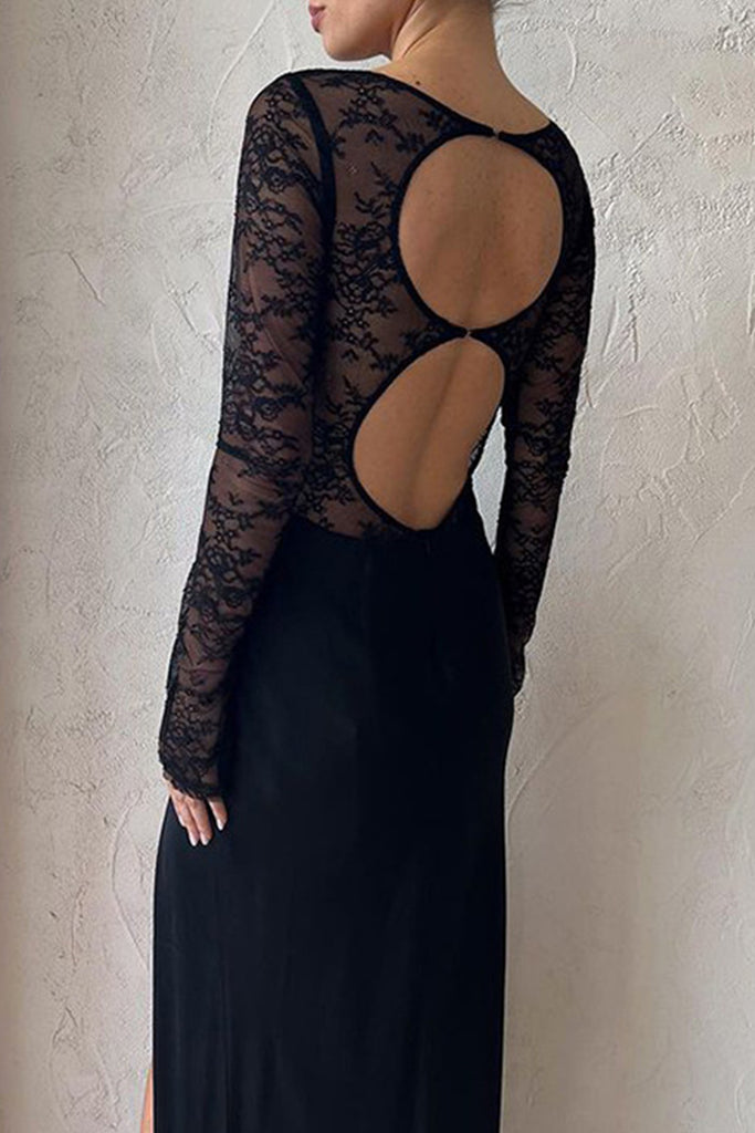 Sexy Solid Lace See-through Slit O Neck One Step Skirt Dresses