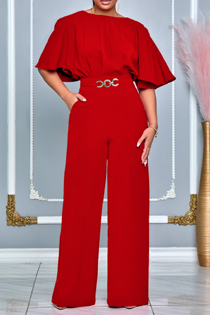 Casual Solid Patchwork O Neck Regular Jumpsuits