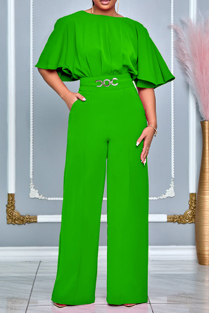 Casual Solid Patchwork O Neck Regular Jumpsuits