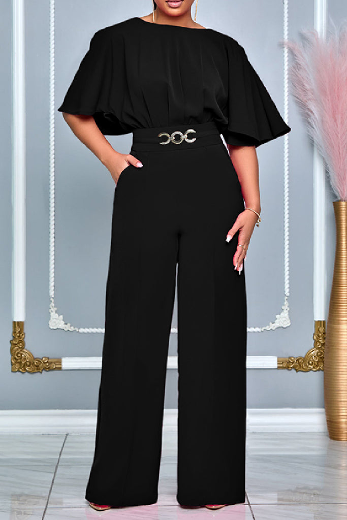 Casual Solid Patchwork O Neck Regular Jumpsuits