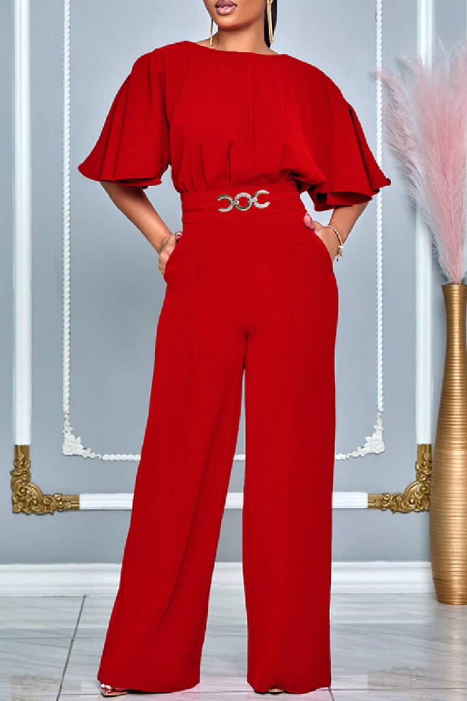 Casual Solid Patchwork O Neck Regular Jumpsuits