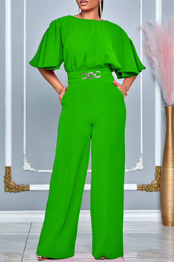 Casual Solid Patchwork O Neck Regular Jumpsuits