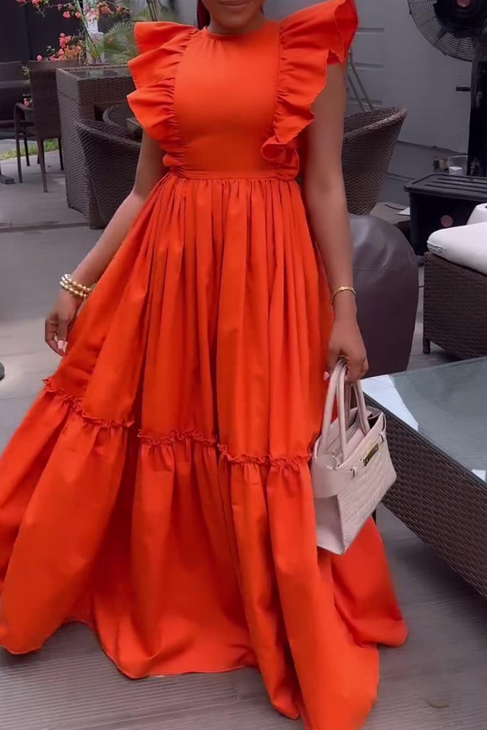 Sweet Elegant Solid Patchwork Flounce Fold O Neck A Line Dresses