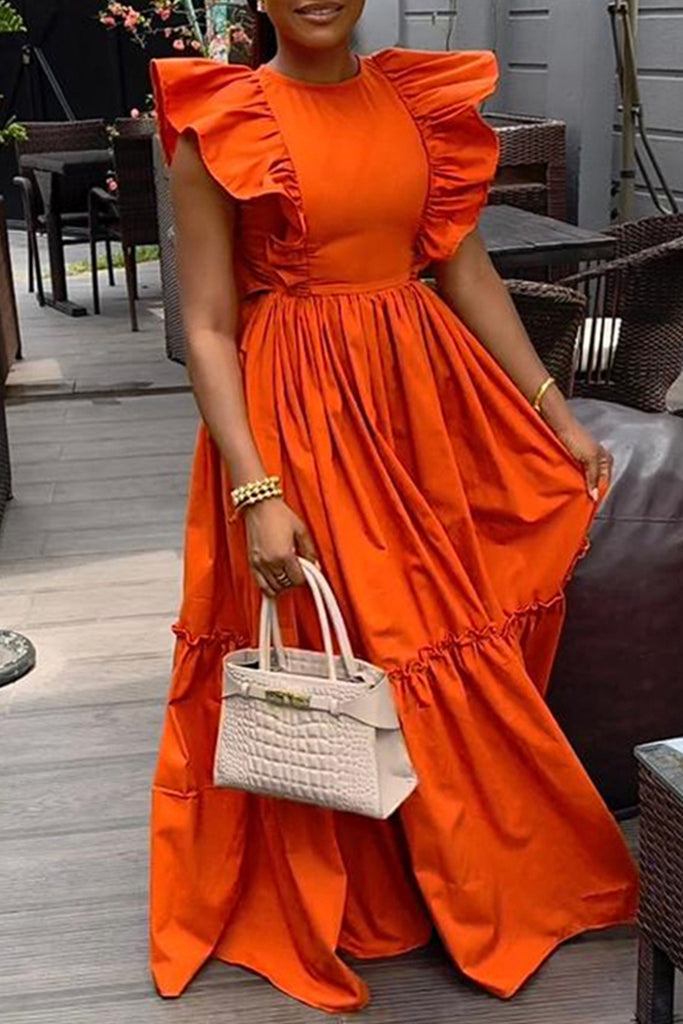 Sweet Elegant Solid Patchwork Flounce Fold O Neck A Line Dresses