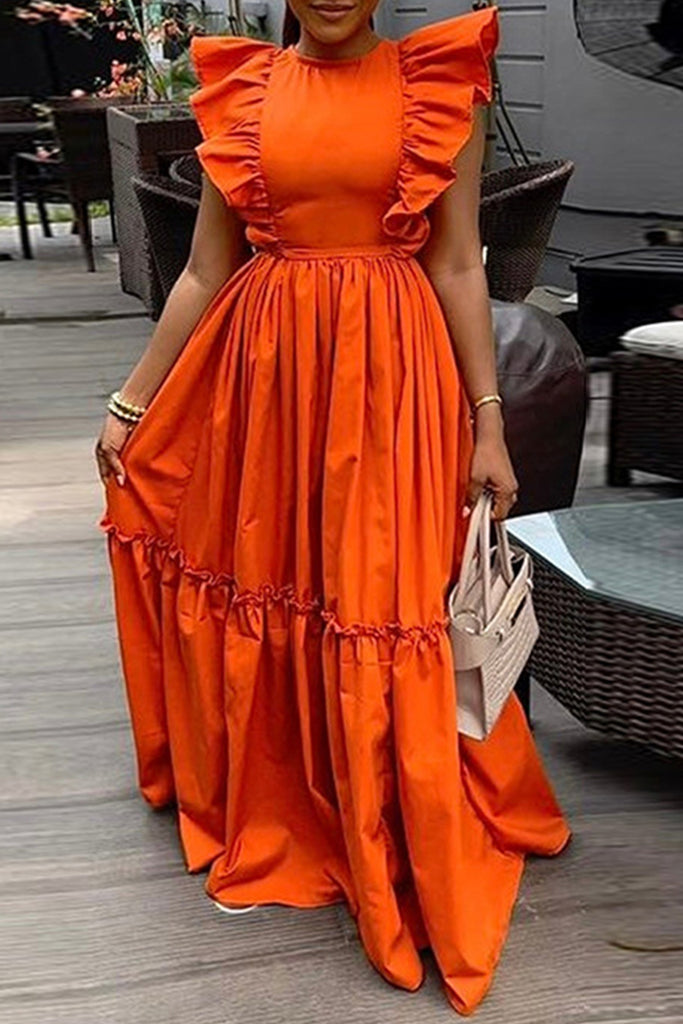 Sweet Elegant Solid Patchwork Flounce Fold O Neck A Line Dresses