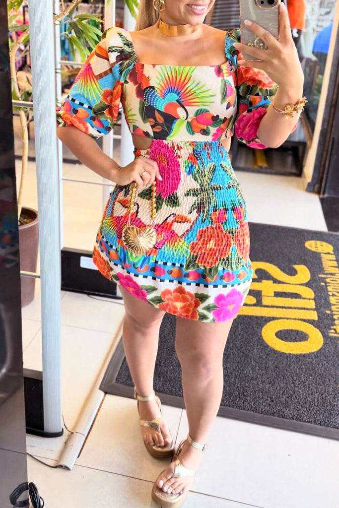 Casual Sweet Street Daily Elegant Vacation Mixed Printing Printing Contrast Smocking Square Collar Dresses