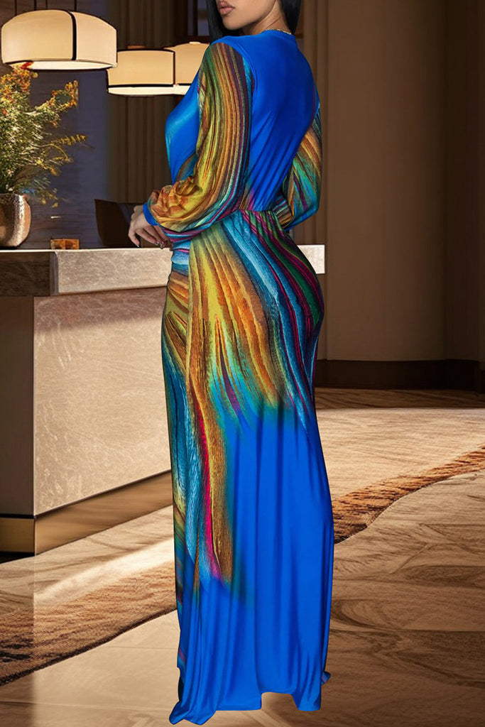 Celebrities Print Patchwork V Neck Long Dresses
