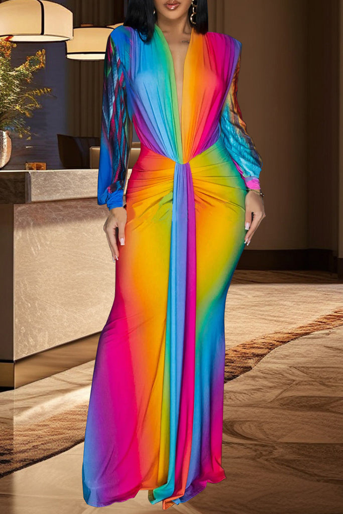 Celebrities Print Patchwork V Neck Long Dresses