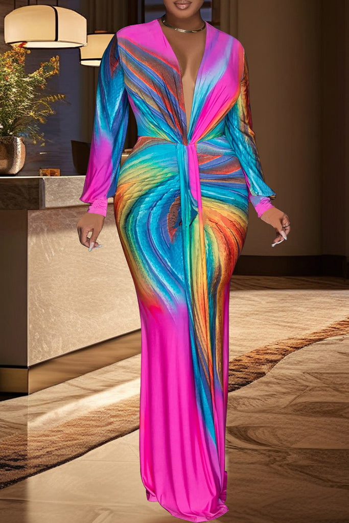 Celebrities Print Patchwork V Neck Long Dresses