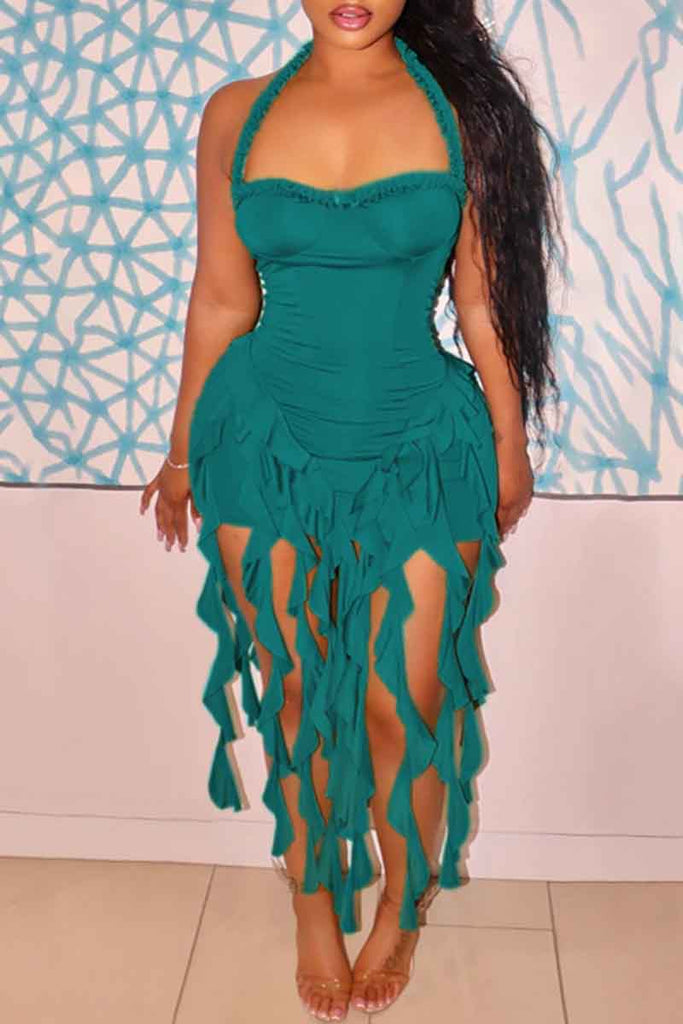 Sexy Solid Color Fringed Trim Backless Halter Wrapped Skirt Dresses