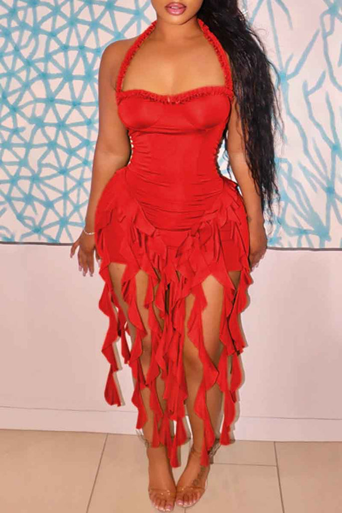 Sexy Solid Color Fringed Trim Backless Halter Wrapped Skirt Dresses