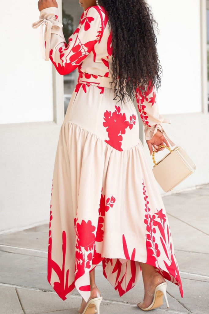 Casual Print With Belt Turndown Collar Irregular Dresses