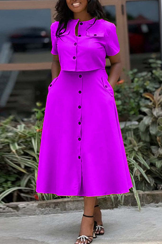Casual Solid Color Pocket Buckle Patchwork O Neck Short Sleeve Two Pieces