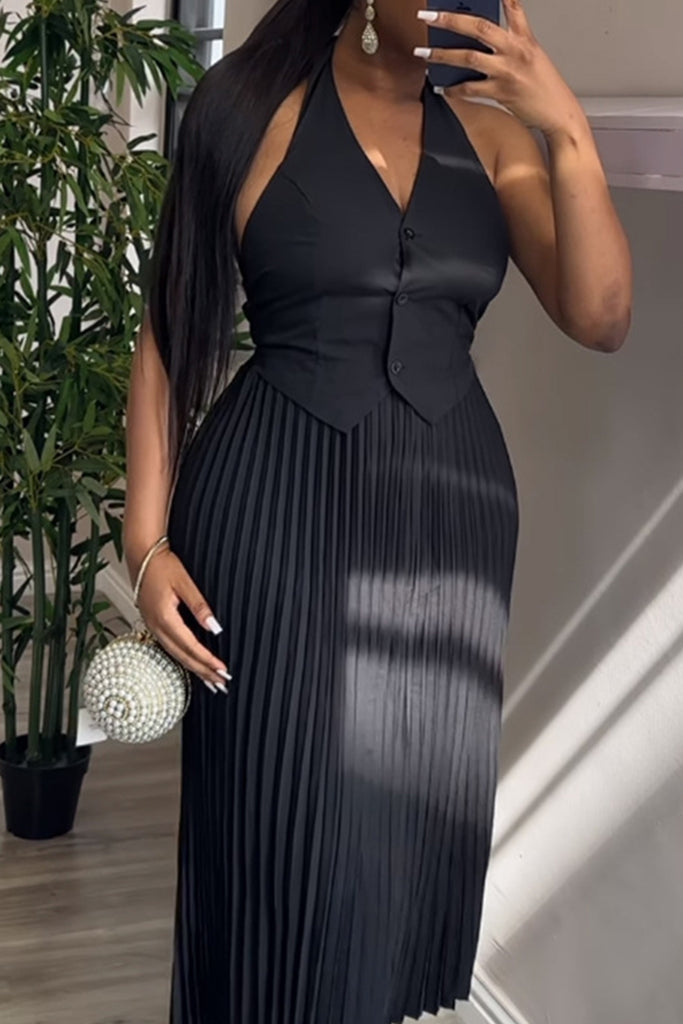 Celebrities Solid Color Buckle Pleated Patchwork V Neck Sleeveless Two Pieces