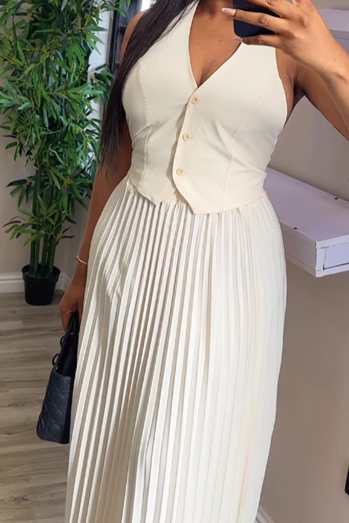 Celebrities Solid Color Buckle Pleated Patchwork V Neck Sleeveless Two Pieces