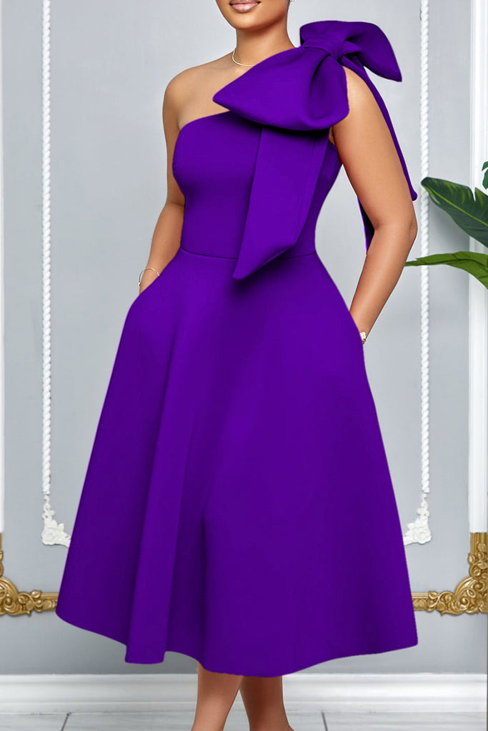Celebrities Solid Color Bow Decor Patchwork Oblique Collar A Line Dresses