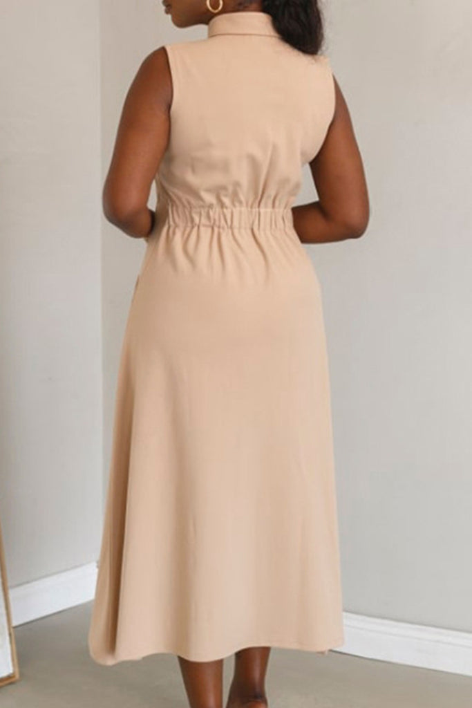 Elegant Solid Color Pocket Buckle Patchwork Turndown Collar Long Dresses