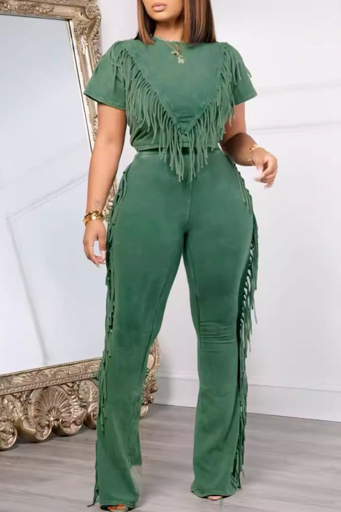 Casual Solid Color Fringed Trim Patchwork O Neck Short Sleeve Two Pieces