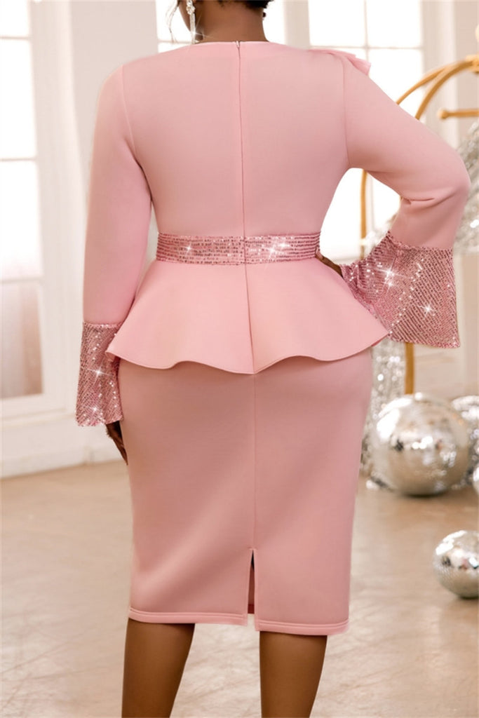 Casual Solid Color Sequins Patchwork O Neck Long Sleeve Dresses