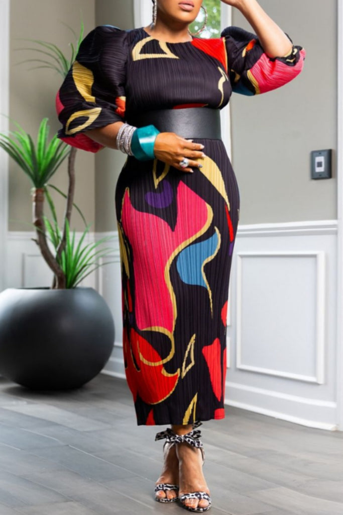 Casual Print Basic O Neck Long Dresses (Without Belt)