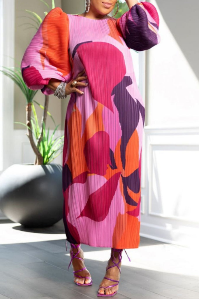 Casual Print Basic O Neck Long Dresses (Without Belt)