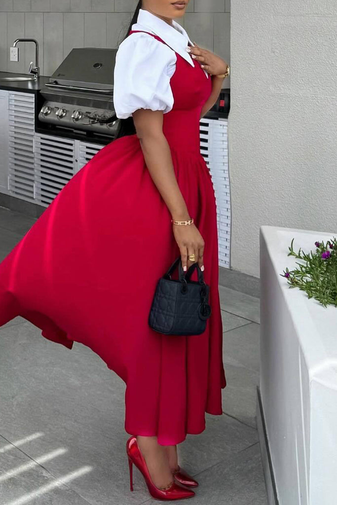 Elegant Solid Color Buttons Patchwork Shirt Collar Long Dresses