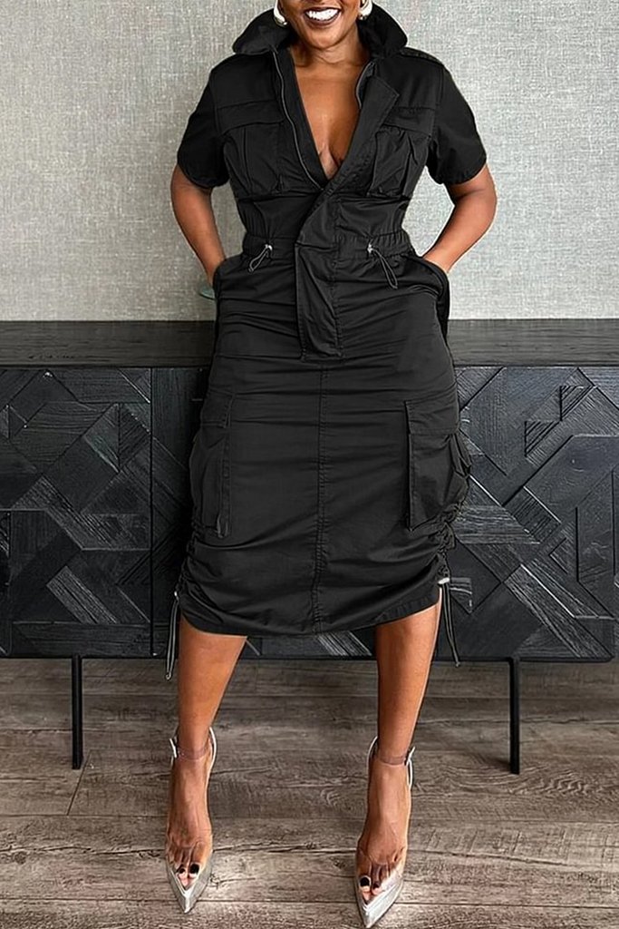 Street Daily Solid Color Distressed Pocket Zipper Zipper Collar Wrapped Skirt Dresses
