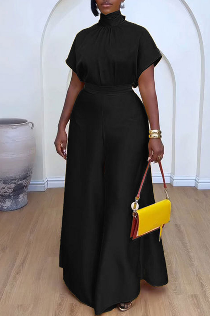 Elegant Solid Color Pants Knotted Turtleneck Short Sleeve Two Pieces