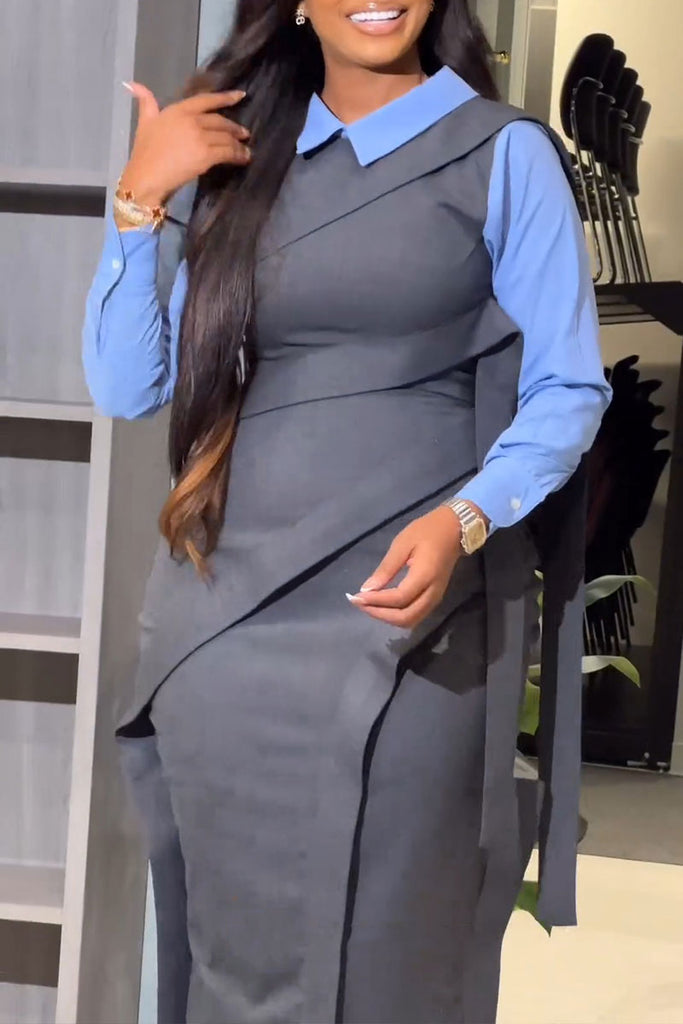 Casual Business Wear Daily Patchwork Buttons Slit Turndown Collar Wrapped Skirt Dresses