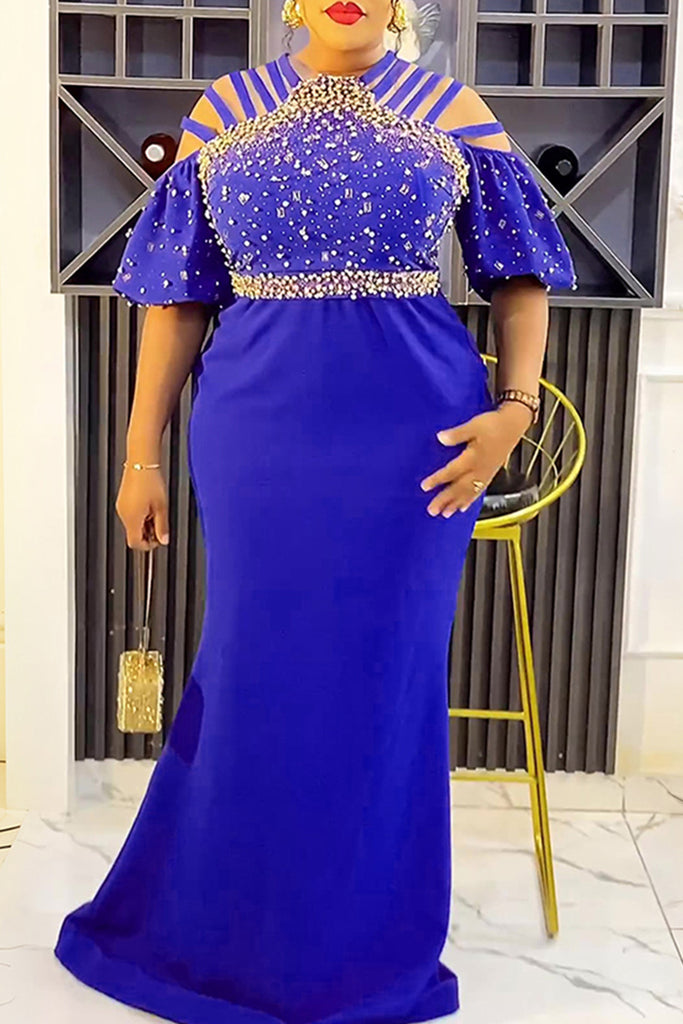 Elegant Solid Color Hollow Out Patchwork Zipper O Neck Long Plus Size Dresses