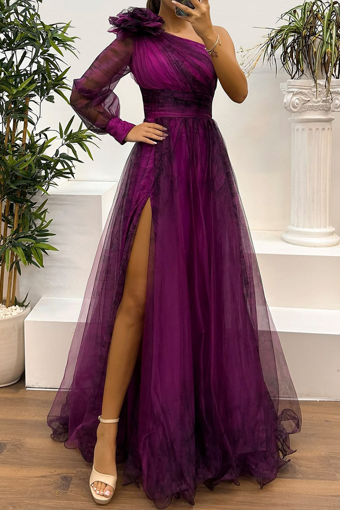 Sexy Prom Floral Print Slit Mesh Flower Shape Sloping Shoulder Evening Dresses