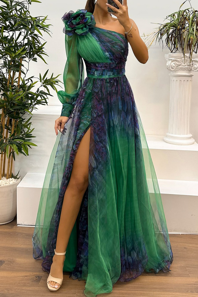 Sexy Prom Floral Print Slit Mesh Flower Shape Sloping Shoulder Evening Dresses