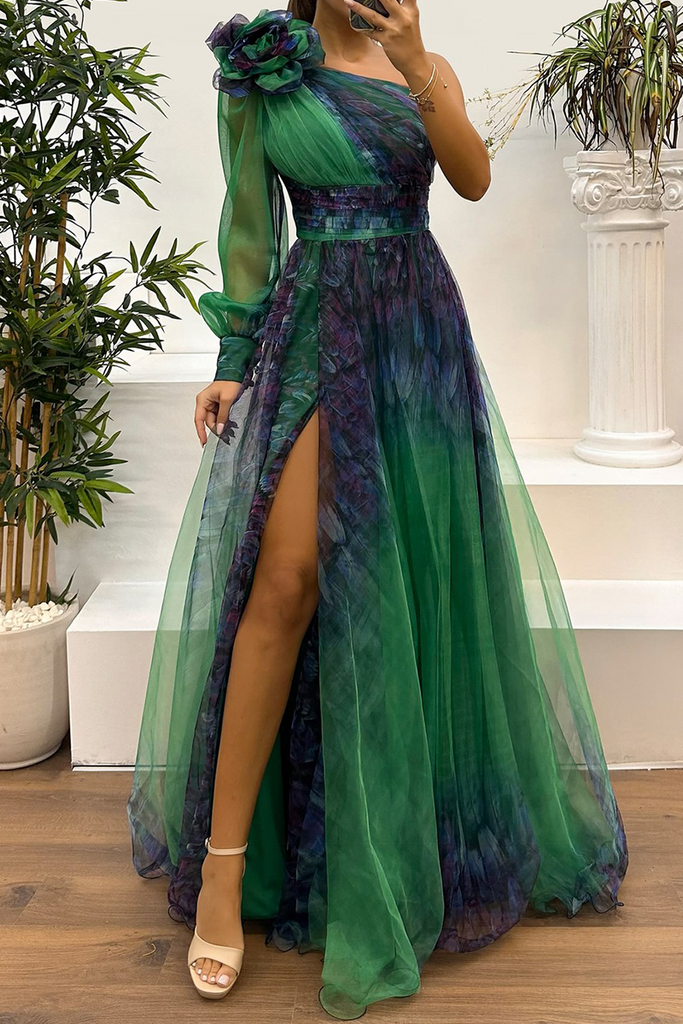 Sexy Prom Floral Print Slit Mesh Flower Shape Sloping Shoulder Evening Dresses