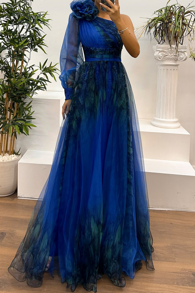 Sexy Prom Floral Print Slit Mesh Flower Shape Sloping Shoulder Evening Dresses