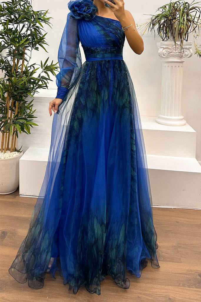 Sexy Prom Floral Print Slit Mesh Flower Shape Sloping Shoulder Evening Dresses