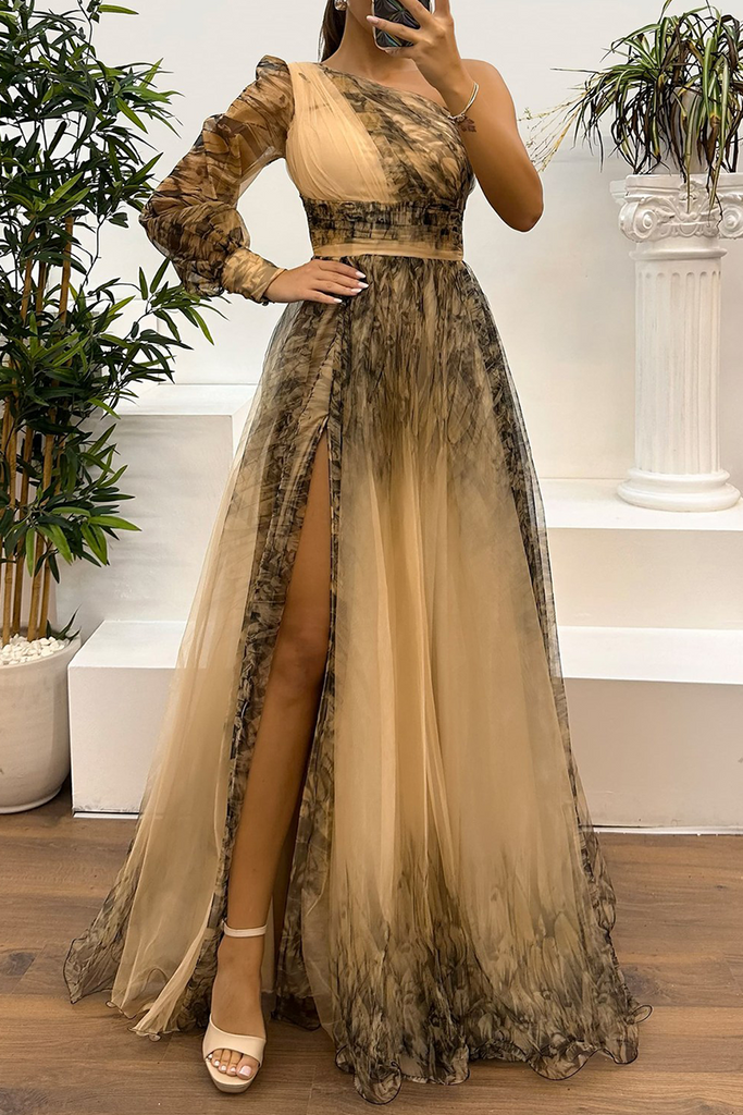 Sexy Prom Floral Print Slit Mesh Flower Shape Sloping Shoulder Evening Dresses