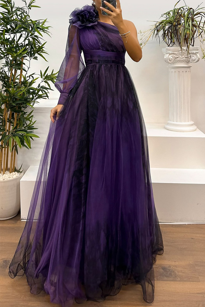 Sexy Prom Floral Print Slit Mesh Flower Shape Sloping Shoulder Evening Dresses