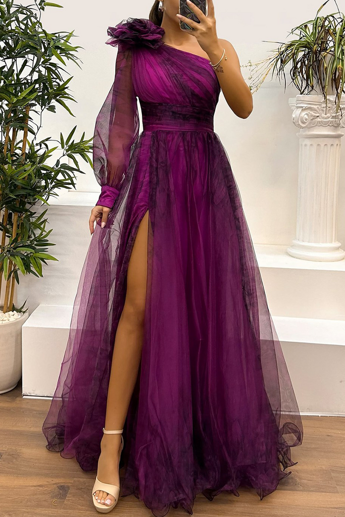 Sexy Prom Floral Print Slit Mesh Flower Shape Sloping Shoulder Evening Dresses