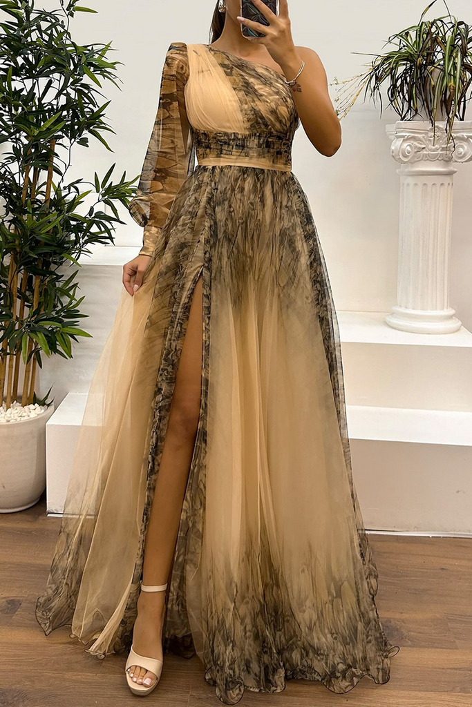 Sexy Prom Floral Print Slit Mesh Flower Shape Sloping Shoulder Evening Dresses