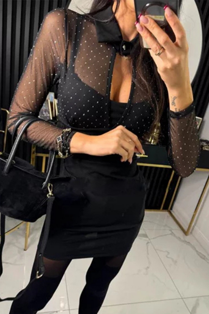 Sexy Solid Color Buttons Mesh Hot Drill Turndown Collar Wrapped Skirt Dresses