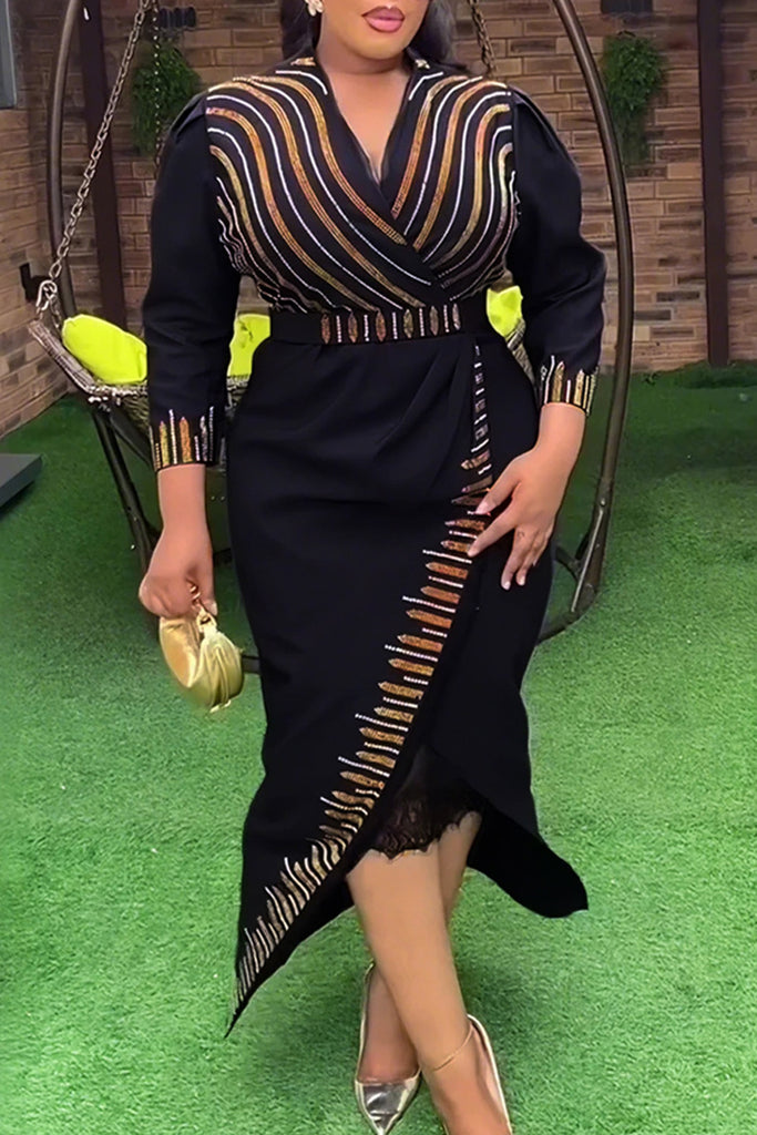 Elegant Print Patchwork Deep V Neck Wrapped Skirt Plus Size Dresses