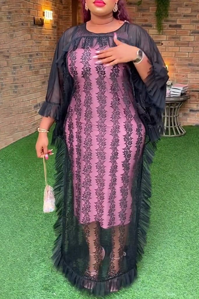 Daily Patchwork See-Through Mesh O Neck Three Quarter Two Pieces