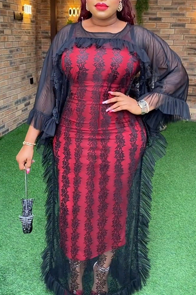 Daily Patchwork See-Through Mesh O Neck Three Quarter Two Pieces